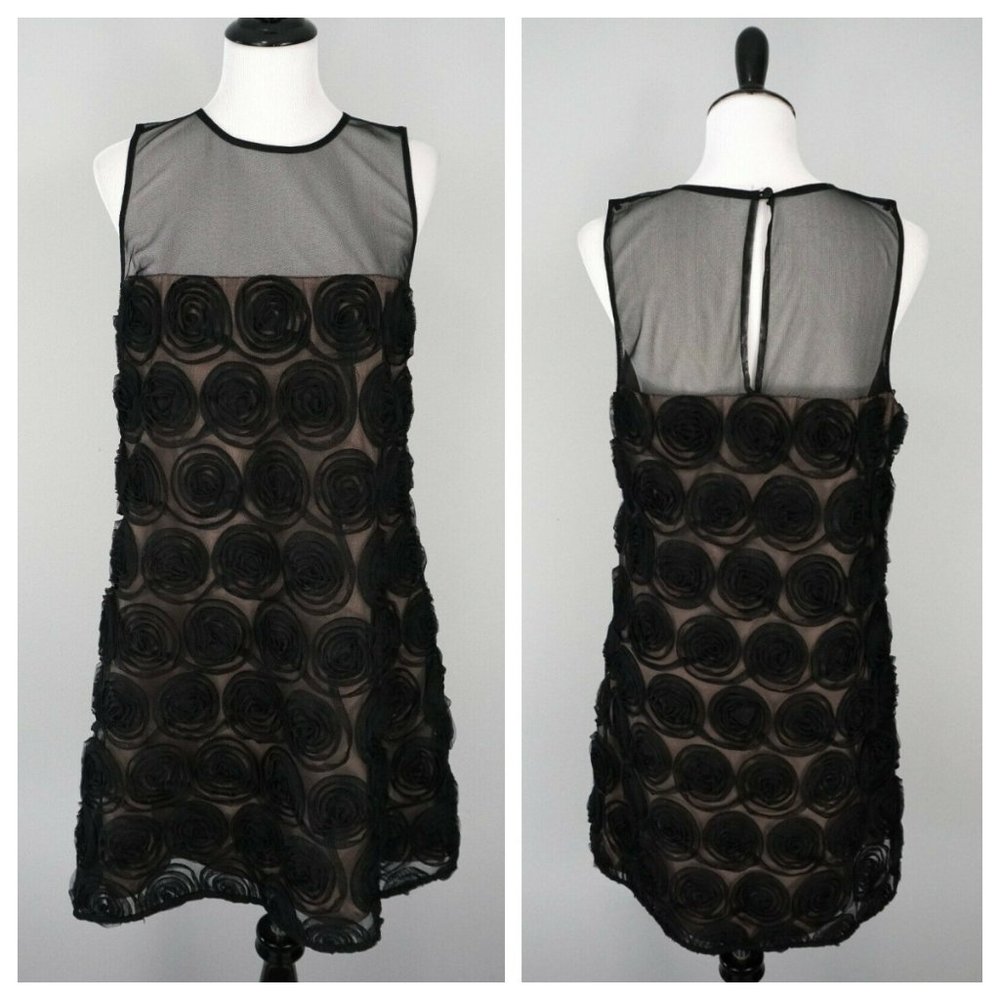 DEMOCRACY Nordstrom Black Sheer Nude Lined Floral A-Line Shift Dress Size 12